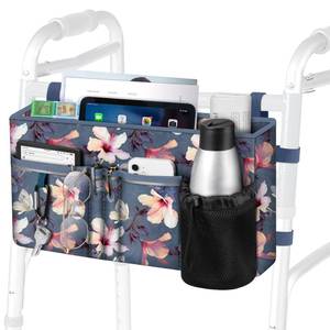 lot 4210 image: FINPAC Large Walker Tote Bag with Cup Holder, Folding Walker Attachment Hands-Free Storage Basket Mobility Aid Accessory Pouch for Elderly, Senior, Blooming Hibiscus