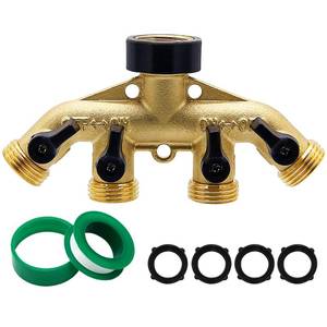 lot 4276 image: Biswing 4 Way Brass Hose Splitter, 34 Brass Hose Faucet Manifold, Garden Hose Adapter Connector, Hose Spigot Adapter with 4 Valves