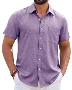 lot 4277 image: ROUWELL Purple Mens Linen Button Down Shirt Short Sleeve Wrinkle Free Button Up Shirts Untucked Beach Fashion Tops Summer L