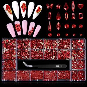 lot 4279 image: 3100Pcs Red Rhinestones for Nails EBANKU Nail Art Rhinestones Kit Red Nail Crystal Rhinestones Mixed Shape with Rhinestone Picker Dotting Pen Tweezers for Valentines Day DIY Nail Art Craft