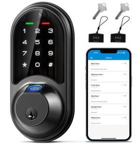 lot 5783 image: Veise RZ07 Fingerprint Smart Lock, 7-in-1 Smart Locks for Front Door, Keyless Entry Door Lock with App Control, Biometric Electronic Touchscreen Keypad Deadbolt, Matte Black