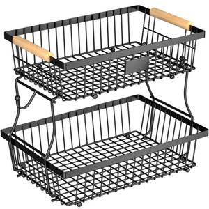 lot 5810 image: Astrorhine 2 Tier Fruit Basket for Kitchen Counter with 2 Banana Hangers, Countertop Metal Bread Basket with Wooden Handle, Large Storage Stand for Vegetables, Snacks, Eggs, Produce Storage �� Black