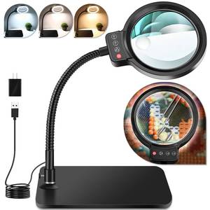 lot 6296 image: 30X 10X Magnifying Glass with Light and Stand, 72 LED 3 Color Modes Stepless Dimmable, Hands Free Lighted Magnifier Desk Lamp for Close Work Craft Hobby Painting Sewing Jewelry Reading, Square