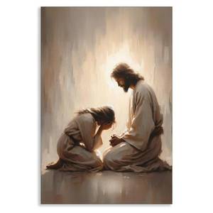 lot 6314 image: Jesus Christ Canvas Wall Art, Jesus with Woman Painting Poster, Christian Healed Pain Bible Verse Wall Decor, Religious Spiritual Gift for Prayer, LDS Picture for Church 12x16in Unframed