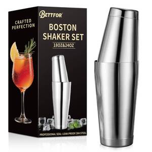 lot 6335 image: BETTFOR Boston Shaker Set, 18oz & 28oz 2-Piece Tins, Professional 304 Stainless Steel Cocktail Shaker with Leak-Proof Weighted Base for Bartending, Home & Bar Use (Silver)