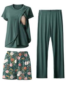 lot 6367 image: Rnxrbb 3 Piece Postpartum Nursing Pajamas Set Double Layer Maternity Breastfeeding Pjs Sleepwear for Women,Teal&Floral Shorts L