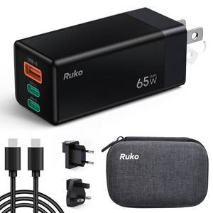 lot 6372 image: Ruko 65W USB C Charger, 3 Port International Travel Charger Kit, GaN Fast Charging Block with Portable Bag, UK EU Plug for iPhone 1716, Galaxy S24, MacBook, iPad, Drones and More