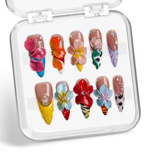 lot 6377 image: Flower Press on Nails French Medium Almond Acrylic Nail 3D Colorful Floral Design Rhinestone Handmade Press on Nails Reusable Full Cover Thick False Nail Stick on Nails for Women��Size M)