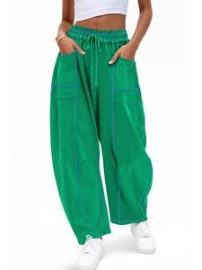 lot 6396 image: Aoysky Womens Baggy Barrel Wide Leg Pants Casual Drawstring Elastic Waist Contrast Stitch Workout Sweat Pants with Pockets Green size L