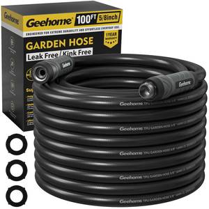 lot 9775 image: GeeHome 100ft Polyurethane Garden Hose, 58 in Lightweight Flexible Water Hose with Swivel Fittings, All-Weather, No-Kink Memory, Commercial Duty, Perfect for Home and Commercial Applications