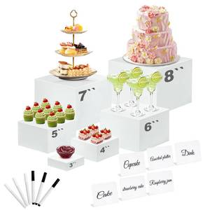 lot 9784 image: Qeanknar 6 Pcs White Acrylic Buffet Risers with Mini Sign and Maker, Food Display Stands for Buffet Table Party Catering Dessert Jewelry Collectibles,Nesting Cube Boxes with Hollow Bottoms