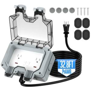 lot 9786 image: Outdoor Outlet Box with 32.8Ft Extension Cord,NEMA 5-15R,IP66 Waterproof Outdoor Outlet Box wLockable Cover & LED Indicator (Double Plug Socket) -Perfect for Gardens, Yards & Sports Fields