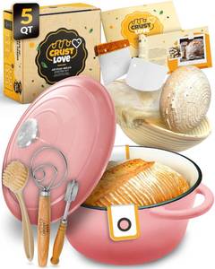 lot 9788 image: CRUSTLOVE Dutch Oven for Bread Baking - incl. Sourdough Bread-Baking Supplies like Banneton Bread-Proofing Basket - 5QT Enameled Cast Iron Bread-Oven with Lid, Baking Pan, Scoring Tool Lame