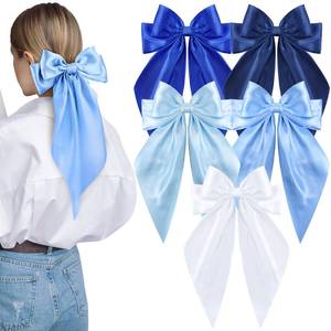 lot 10061 image: 5 Pcs Blue Hair Bows for Women, Silky Satin Large Hair Clips for Girls, Long Tail Hair Ribbon Accessories