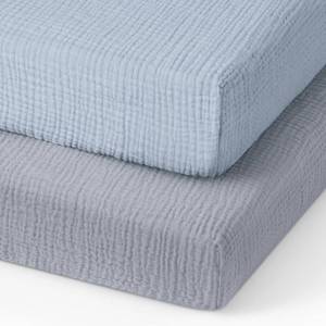 lot 10068 image: Blissful Diary Muslin Mini Crib Sheets, Pack and Play Mattress Sheets Fitted for Pack N Play, Soft Cotton for Boys Girls, 2 Pack(Light Blue&Grey)
