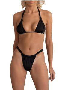 lot 10095 image: Womens Black Bikini Set Sexy Halter Triangle High Leg Thong Bikinis Cheeky Ruched High Waisted Two Piece Swimsuit M