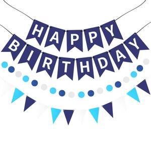 lot 10115 image: Blue Happy Birthday Banner, Happy Birthday Decorations Hanging Birthday Sign Circle Dot Triangle Bunting for Women Men Girl Boy Party Supplies
