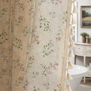 lot 10128 image: XOGUIBO Floral Farmhouse Vintage Linen Shower Curtain, French Country Spring Shower Curtains for Bathroom with Tassels, 72Wx72H