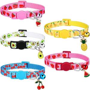 lot 10159 image: 5 Pieces Breakaway Cat Collars with Bell Colorful Summer Fruit Style Adjustable Pet Collar with Pineapple Watermelon Cherry Strawberry Avocado Patterns for Kitten Kitty Cat Tropical Hawaii Party (S)
