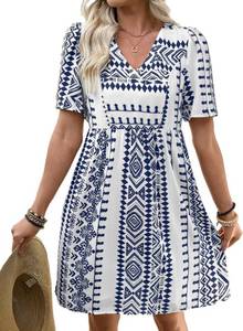 lot 10168 image: SHEWIN Womens Summer Dresses Comfy Short Sleeve Elegant Boho Dresses for Women Trendy Loose Fit High Waist V Neck Summer Dress 2026 Blue Large