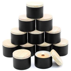 lot 11707 image: YJHSS 12-Pack Candle Jars, 4oz Candle Tins with Metal Wood-Grain Printing Lids, Empty Metal Candle Jars for Making Candles Bulk Candle Containers -Black
