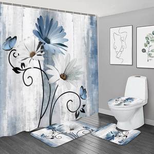lot 12357 image: NBVKO 4PCS Rustic Blue Flower Farmhouse Shower Curtain Set,Waterproof Blue Daisy Floral Bathroom Decor Accessory Set