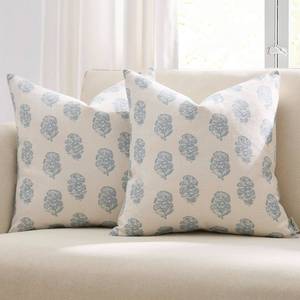 lot 12360 image: Meekio Set of 2 Blue and White Patterned Pillow Covers 16x16, Coastal Farmhouse Block Print Decorative Throw Pillow Covers for Couch Sofa Bed, Linen Blend Cushion Covers Living Room Decor