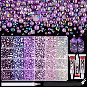 lot 12371 image: 14000Pcs Flatback Pearls and Rhinestones for Crafting, Purple Series Mixed Size 3-8mm Resin Rhinestones and Half Pearls for Bedazzling, Nail Art and Decoration with 3pcs B7000 Jewelry Glue