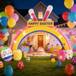 lot 13079 image: 10FT Replaceable Banner Festival Party Decorations with Ultra-Fast Inflating Blower,for Outdoor Yard, Garden, Festival Party Decoration,Giant Easter Bunny Arch Blow Up Decor with Vibrant LED Lights
