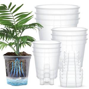 lot 13086 image: Wonderjune Self Watering Pots for Indoor Plants with Deep Reservoir and High Drainage Holes for Outdoor Plants and Flowers, Bare Root Planter(4.72, 5.91, 7.09,Clear,9 Pcs)