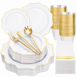 lot 13087 image: WDF 175Pcs Gold Plates Disposable - White and Gold Plastic Plates 25guest Plastic Dinnerware Ideal for PartyWeddingRamadanSpringMothers Day
