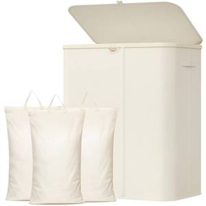 lot 13088 image: Lifewit 185L Large 3 Section Laundry Hamper with Lid, Plastic Laundry Basket with Bamboo Handles and Removable Bags, Tall Foldable Clothes Hamper for Bathroom Bedroom, White
