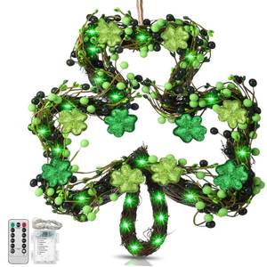 lot 13090 image: Duraaamo 18 Inch St. Patricks Day Shamrock Wreath for Front Door Decor, with LED Lights & Green Glitter Foam Shamrock & Green Berries, Outdoor Artificial Wall Hanging Home Decoration