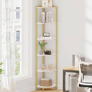 lot 13097 image: Hzuaneri Corner Shelf Stand, Corner Bookshelf, Storage Standing Shelf Unit with Metal Frame, Plant Stand, Bookcase for Living Room, Home Office, Bedroom, 6-Tier White Gold CS06003A