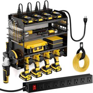 lot 13115 image: POKIPO Power Tool Organizer Wall Mount with Charging Station,Tool Storage Rack with 8 Outlet Power Strip,Heavy Duty Metal Battery Utility Rack with 4 Cordless Drill Holder 6.56 Ft Cord for Garage
