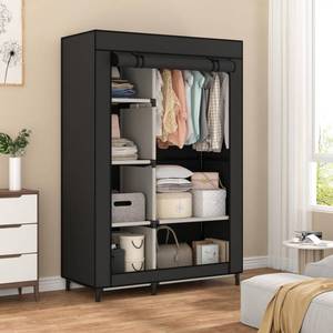 lot 13119 image: Calmootey Portable Closet Organizers, Clothing Storage, Wardrobe with 6 Shelves and Hanging Rod, Non-Woven Fabric Cover with 4 Side Pockets, Black
