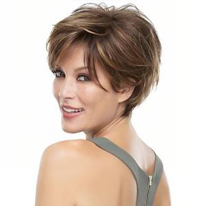 lot 14223 image: QUEENTAS Short Hair Wigs for Women Brown Bob with Bangs Pixie Cut Wig Synthetic Hair Wigs Daily Use or Cosplay (Dark Brown Highlingt Blonde)