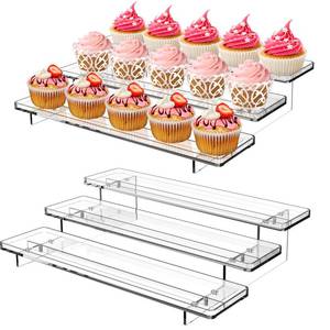 lot 14265 image: ULENDIS 2 Pack 3 Tier Acrylic Stands for Display, 12 inch Clear Display Stand Risers Shelf for Cupcakes Perfumes Figurines, Tabletop Cupcake Stand for Decorating & Organizing(11.8x9.4x3)