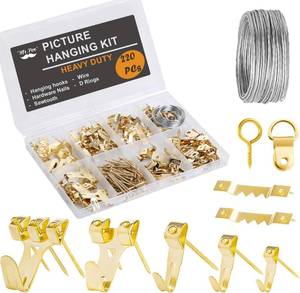 lot 14274 image: Mr. Pen- Picture Hanging Kit, 220 pcs, Gold, Assorted Hooks, Nails, Sawtooth Hangers, D-Rings, Steel Wire, Ring Hooks, Home Wall Mount Hardware for Frames, Canvas, D�cor