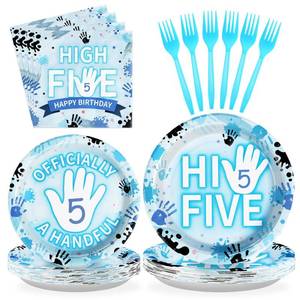 lot 14297 image: 96Pcs Hi Five Party Decorations Blue High 5 Year Old Plates And Napkins Tableware Sets Officially a Handful 5th Birthday Decorations for Kids Girls Boys Five Years Old Birthday Supplies Serves 24