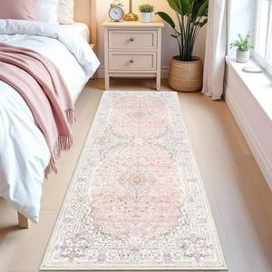 lot 14299 image: Brakki Washable Runner Rug 2x6 for Hallway Kitchen Bedroom, Non Slip Vintage Boho Area Rug, Pink Floral Rug Runner for Entryway Bathroom, Low Pile Ultra Thin Soft Carpet for Laundry Living Room