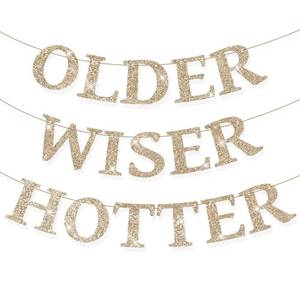 lot 14327 image: Set of 3 Pre-Strung Older Wiser Hotter Banner,No DIY Glitter Funny Happy Birthday Party Bannerfor Men Women, Glitter Birthday Party Decorations (Champagne)