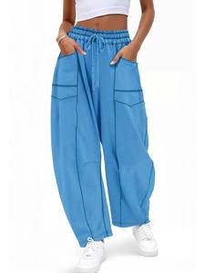 lot 14329 image: Aoysky Womens Baggy Barrel Wide Leg Pants Casual Drawstring Elastic Waist Contrast Stitch Workout Sweat Pants with Pockets Blue Medium