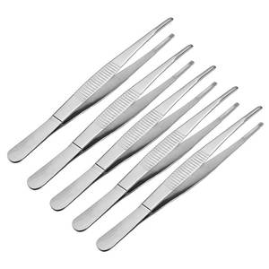 lot 18238 image: uxcell 5 Pcs 5.5-Inch Stainless Steel Straight Round Blunt Tweezers Serrated Tip