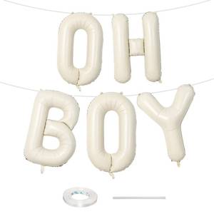 lot 18260 image: Large Beige Oh Boy Balloons, 40 Inch Cream White Sand OH BOY Balloon Letters with Ribbon, Neutral Ivory Alphabet Oh Boy Balloon for Baby Kid Boys Birthday Baby Shower Gender Reveal Party Decorations