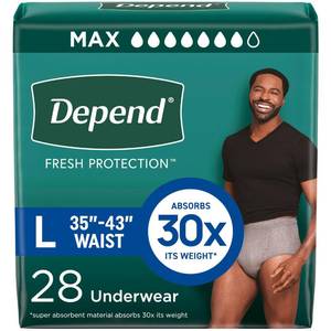 lot 19538 image: Depend Fresh Protection Adult Diapers, Incontinence Underwear for Men, Disposable, Maximum, Large, Grey, 28 Count, Packaging May Vary