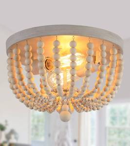 lot 19595 image: Q&S Boho Chandelier Wood Beaded Flush Mount Ceiling Light Fixtures for Nursery Baby Bedroom Kitchen Hallway,Oak White Finish,2-Lights