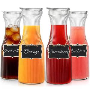 lot 19608 image: INSETLAN 1 Liter Ribbed Glass Carafe with Lid, Set of 4- Juice Carafe for Mimosa Bar, Brunch,Parties, Beverage Serveware,Cold Brew Coffee, Milk, Iced Tea, Lemonade -Includes 4 Wooden Chalkboards