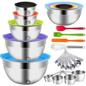lot 19613 image: WEPSEN Mixing Bowls with Lid Set, 25PCS Kitchen Utensils Metal Bowl Stainless Steel Nesting Bowls, Measuring Cups and Spoons, Egg Whisk for Baking Prepping Cooking Serving Supplies