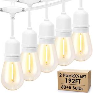 lot 19620 image: Mlambert White Cord 96FT Outdoor String Lights with 303 LED Plastic Bulbs, Dimmable Waterproof Shatterproof Linkable Patio Light for Pergola Backyard